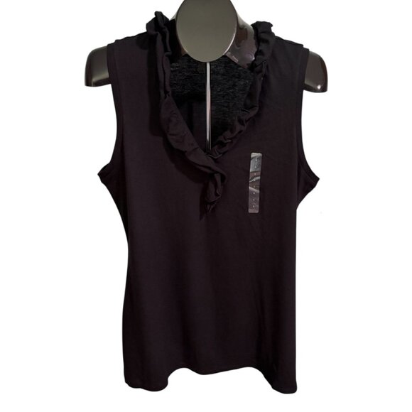 GAP Black Ruffled Neckline Top L Sleeveless V-Neck NWT - Picture 1 of 6